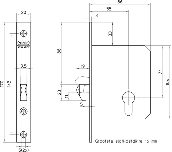 698-55 SCHUIFDEURSLOT, DM55MM, VOORPLAAT STAAL GELAKT 20X170MM RECHTHO  3340984