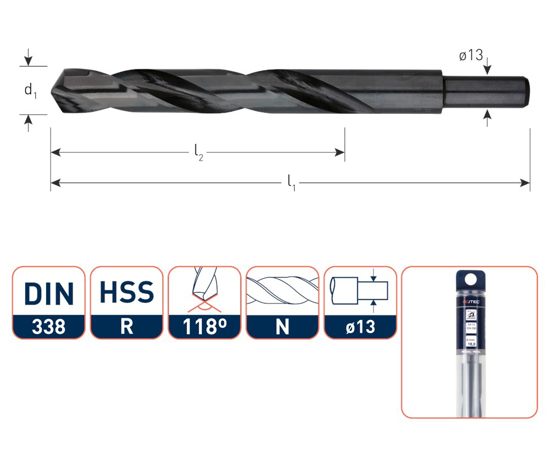 HSS-R SPIRAALBOOR, DIN 338, TYPE N, D2=13, ø17,0 120.1700 3346157