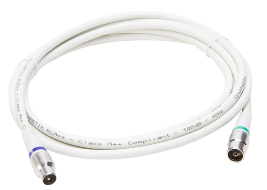 Afbeeldingen van COAX AANSLUITKABEL, MET RECHTE STEKKERS, COAX MALE EN COAX FEMALE, 3 METER, 4G GESCHIKT , 4-VOUDIG AFGESCHERMD, 105 DB TOT 1 GHZ, FREQUENTIEBEREIK 5-2400MHZ. KLEUR WIT. ZIGGO GEKEURD