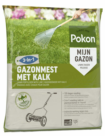 Afbeeldingen van POKON GAZONMEST + KALK 125M2 8,4 KG 3 IN 1