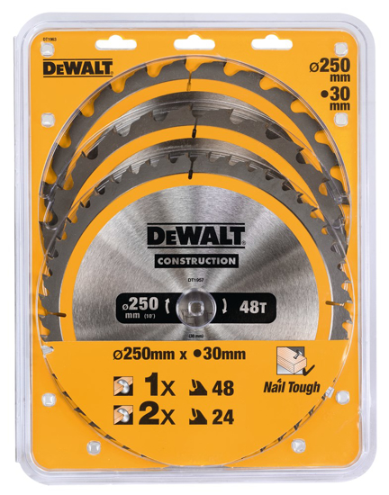 Afbeeldingen van DEWALT CONSTRUCTION CIRKELZAAGBLADENSET 250MM 3-DELIG (2X 24T 1X 48T)